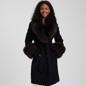 Black Wool Double-breasted Coat, Detachable Fox Fur Collar & Sleeves- Modern Tailored Winter Coat for Stylish Women