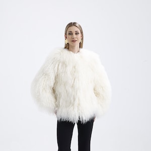 Genuine Tibetan Shearling Jacket – Natural White Curly Mongolian Shearling Coat for Women, Luxurious Winter Outerwear, Boho Chic Style