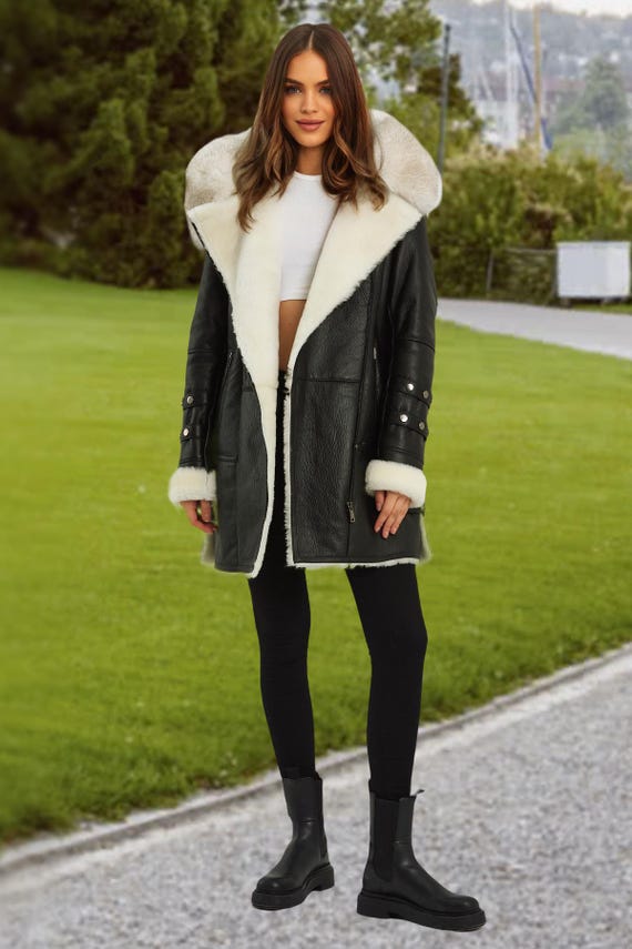 Black Genuine Sheepskin Coat – Women's Shearling Coat with Fox Fur Hood, Elegant Winter Jacket, Luxurious Winter Outerwear