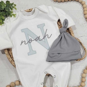 Personalized baby romper and hat set, custom infant boy coming home outfit baby shower gift, oatmeal sleeper with footies blue gray baby boy