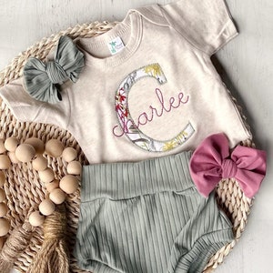 Vintage floral baby girl outfit with bummies, cottagecore baby girl outfit, personalized baby outfit with bows, sage, dusty rose image 2