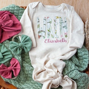 Personalized baby girl gown and bow set, custom coming home outfit for girl, baby shower gift, green pink floral, cottagecore baby outfit