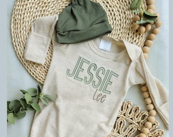 Personalized green, and beige newborn outfit, coming home outfit for baby boy, baby boy outfit, hospital outfit for boy baby woodland