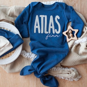 Personalized baby boy gown and bow set, custom coming home outfit for boy, baby shower gift, navy beige cottagecore baby outfit