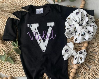 Personalized baby girl romper and hat set, leopard print infant coming home outfit, baby shower gift, black purple pink sleeper with footies