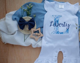 Personalized baby girl romper, vintage floral infant coming home outfit, baby shower gift, newborn outfit ruffle flutter, custom name