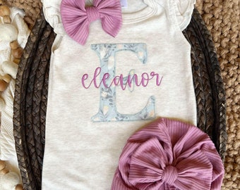 Personalized baby girl romper, vintage floral infant coming home outfit, baby shower gift, newborn outfit ruffle flutter, custom name