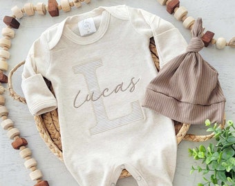 Personalized neutral baby romper and hat set, custom infant boy coming home outfit, baby shower gift, beige sleeper with footies, taupe tan