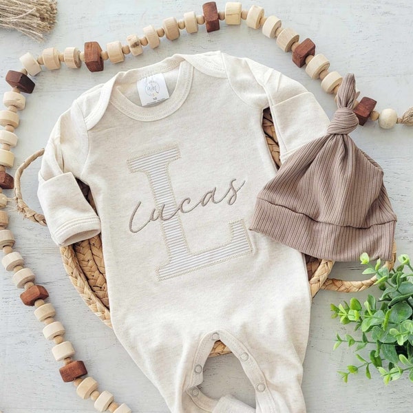 Personalized neutral baby romper and hat set, custom infant boy coming home outfit, baby shower gift, beige sleeper with footies, taupe tan