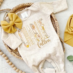 Personalized baby girl romper and bow, yellow infant girl coming home outfit custom name, baby shower gift sleeper with footies, sage green