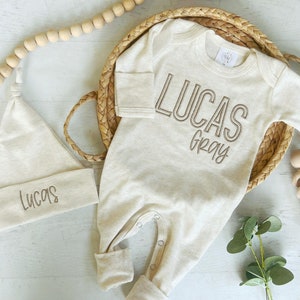 Personalized beige newborn outfit, coming home outfit for baby boy, baby boy outfit, hospital outfit for boy beige on beige monotone