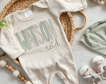 Personalized romper baby boy outfit and hat set, custom boy coming home outfit summer baby outfit, baby shower gift, sleeper with footies