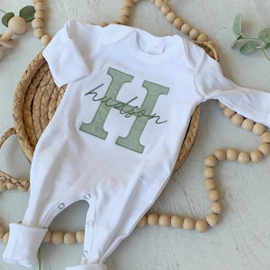 Personalized neutral baby romper and hat set, custom infant boy coming home outfit, baby shower gift, beige sleeper with footies, Sage Green image 2