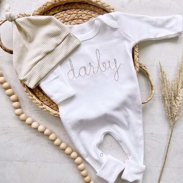 Personalized beige and white vintage stitch boy romper with hat custom boy coming home outfit baby shower gift hospital pictures family baby