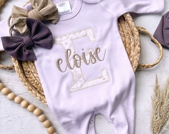 Personalized baby girl romper hat set, purple vintage floral infant coming home outfit, baby shower gift, sleeper with footies, custom name