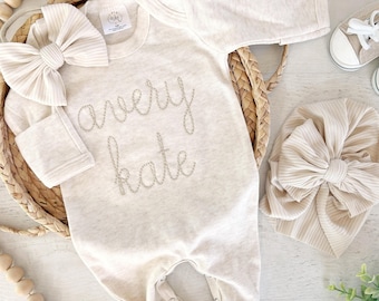 Personalized oatmeal and beige vintage stitch romper with bow or hat, custom gender neutral coming home outfit, baby shower gift