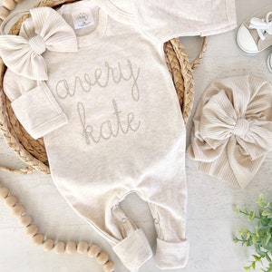 Personalized oatmeal and beige vintage stitch romper with bow or hat, custom gender neutral coming home outfit, baby shower gift