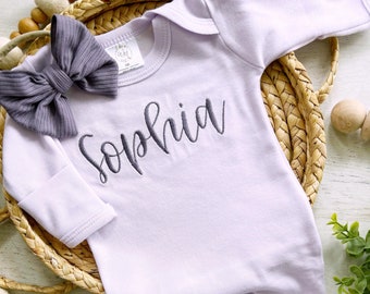 Personalized purple romper with footies, custom girl coming home outfit, custom lavender baby name outfit handmade bow, newborn pictures