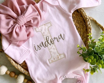 Personalized baby girl romper and hat set, vintage floral infant coming home outfit, baby shower gift, sleeper with footies, custom name