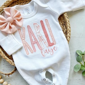 Personalized baby girl romper and bow set, custom coming home outfit for girl, baby shower gift, blush and peach, cottagecore baby outfit