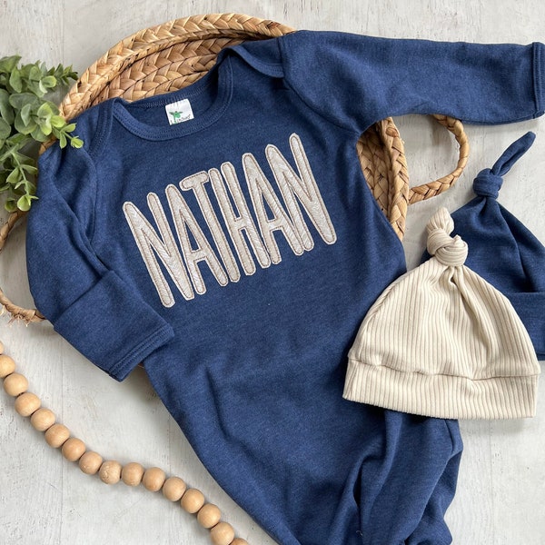 Personalized baby boy gown and bow set, custom coming home outfit for boy, baby shower gift, navy beige felt cottagecore baby outfit