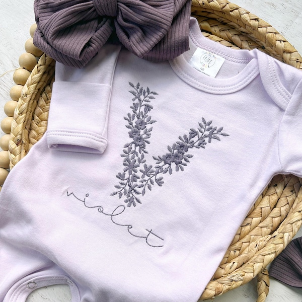 Personalized baby romper hat set, custom name coming home outfit, floral letter baby girl outfit newborn baby shower gift, neutral purple