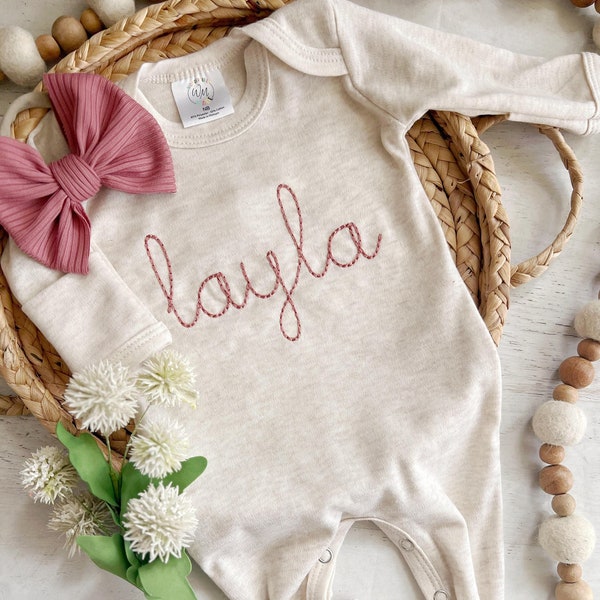 Personalized oatmeal and vintage mauve romper with bow or turban, custom girl coming home outfit, baby shower gift dusty rose pink