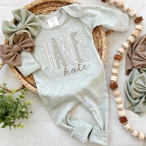 Personalized baby girl romper and bow, pink infant girl coming home outfit, custom name, baby shower gift, sleeper with footies, sage green