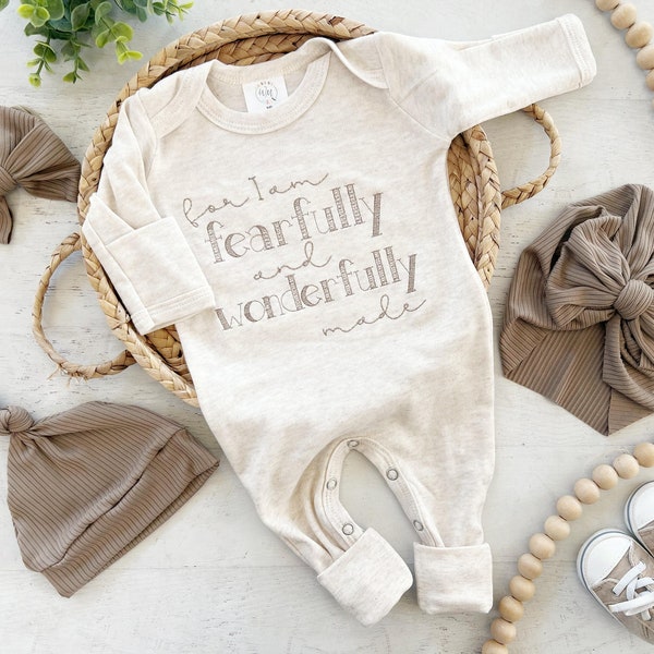 Personalized oatmeal taupe romper with handmade bow hat custom gender neutral coming home outfit baby shower gift fearfully wonderfully made