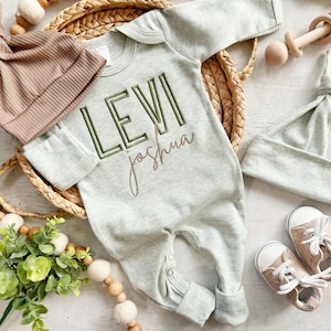 Personalized green and taupe newborn outfit, coming home outfit for baby boy, baby boy outfit, hospital outfit for boy, baby boy romper