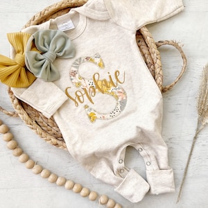 Personalized baby girl romper and hat set vintage floral infant coming home outfit baby shower gift, sleeper with footies custom name yellow