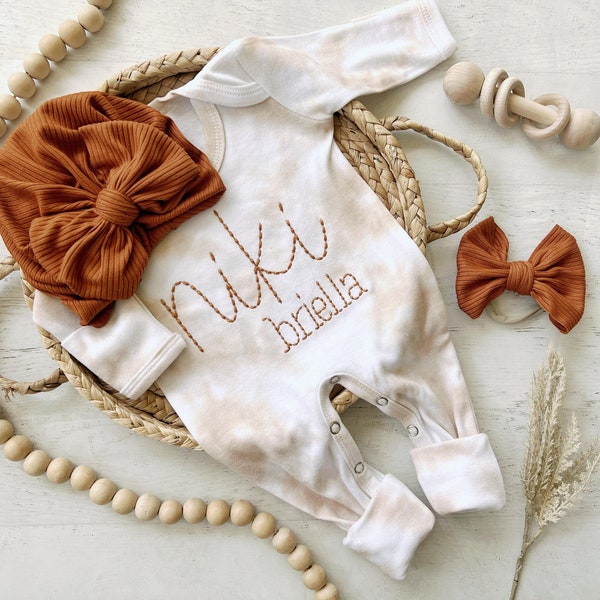 Personalized beige vintage stitch romper with bow custom gender neutral coming home outfit baby shower gift custom name outfit for baby girl