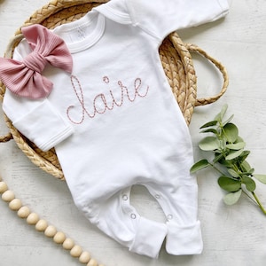 Personalized white baby romper blush vintage stitch girl romper with bow custom girl coming home outfit baby shower gift going home