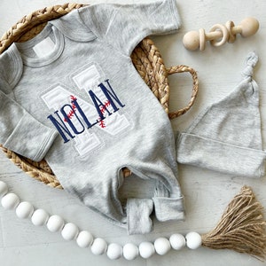 Personalized baseball baby romper, embroidered baseball baby outfit, baseball romper for baby, custom name baby outfit, navy