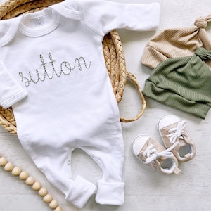Personalized green and white vintage stitch boy romper with hat custom boy coming home outfit baby shower gift