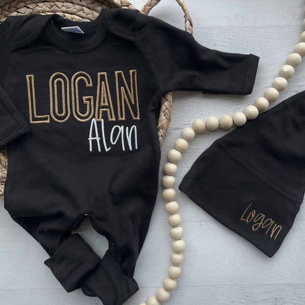 Personalized black, camel, and white newborn outfit, coming home outfit for baby boy, warm tones baby outfit, hospital outfit for boy