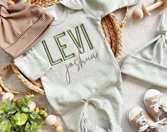 Personalized green and taupe newborn outfit, coming home outfit for baby boy, baby boy outfit, hospital outfit for boy, baby boy romper