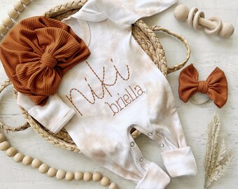 Personalized beige vintage stitch romper with bow custom gender neutral coming home outfit baby shower gift custom name outfit for baby girl