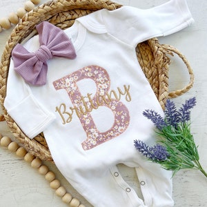 Personalized baby girl romper and hat set, vintage floral infant coming home outfit, baby shower gift, sleeper with footies, purple gold