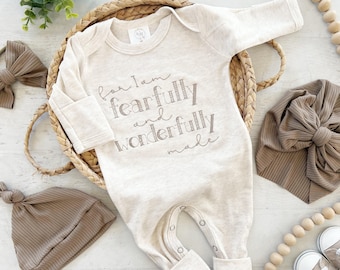 Personalized oatmeal taupe romper with handmade bow hat custom gender neutral coming home outfit baby shower gift fearfully wonderfully made