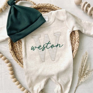 Personalized neutral baby romper and hat set, custom infant boy coming home outfit, baby shower gift, sleeper with footies Green Christmas image 1