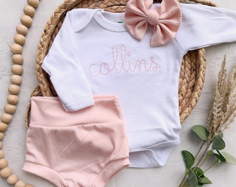 Traje rosa personalizado para recién nacido, nombre personalizado para niña, traje para volver a casa para niña, traje para niña, traje de hospital para niña, fotos de bebé