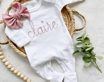 Personalized white baby romper blush vintage stitch girl romper with bow custom girl coming home outfit baby shower gift going home