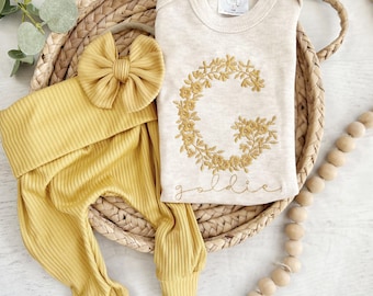 Personalized golden yellow newborn outfit, sunshine coming home outfit for baby girl