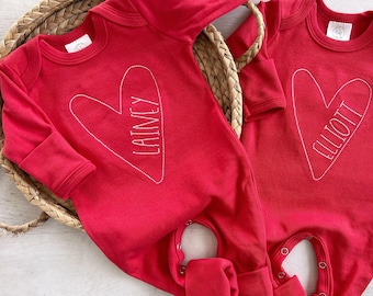 Personalized baby name outfit valentines day heart stitch girl romper with bow or turban, custom coming home outfit, baby shower gift