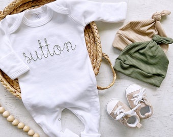 Personalized green and white vintage stitch boy romper with hat custom boy coming home outfit baby shower gift