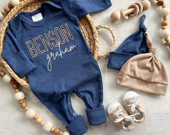 Tenue personnalisée pour nouveau-né bleu marine, bleu et beige, tenue de retour à la maison pour bébé garçon, tenue pour bébé garçon, tenue d'hôpital pour garçon