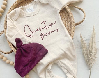 Personalized neutral baby romper and hat set, custom infant boy coming home outfit, baby shower gift, oatmeal sleeper with footies