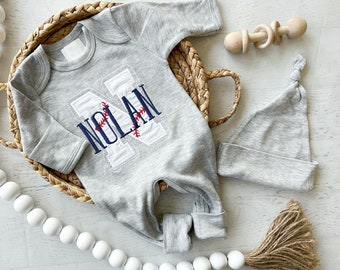 Personalized baseball baby romper, embroidered baseball baby outfit, baseball romper for baby, custom name baby outfit, blue