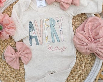 Personalized baby girl romper and bow, pink infant girl coming home outfit, custom name, baby shower gift, romper with footies, sage green